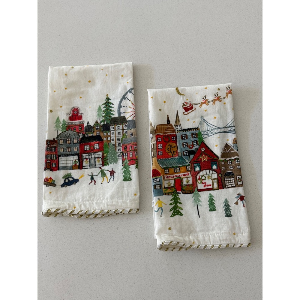Pottery Barn Christmas Tea Towels Set of 2 Winter Village Scene Gold Trim White